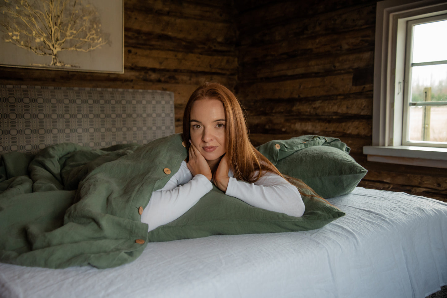 Forest Green Linen Bedding Set